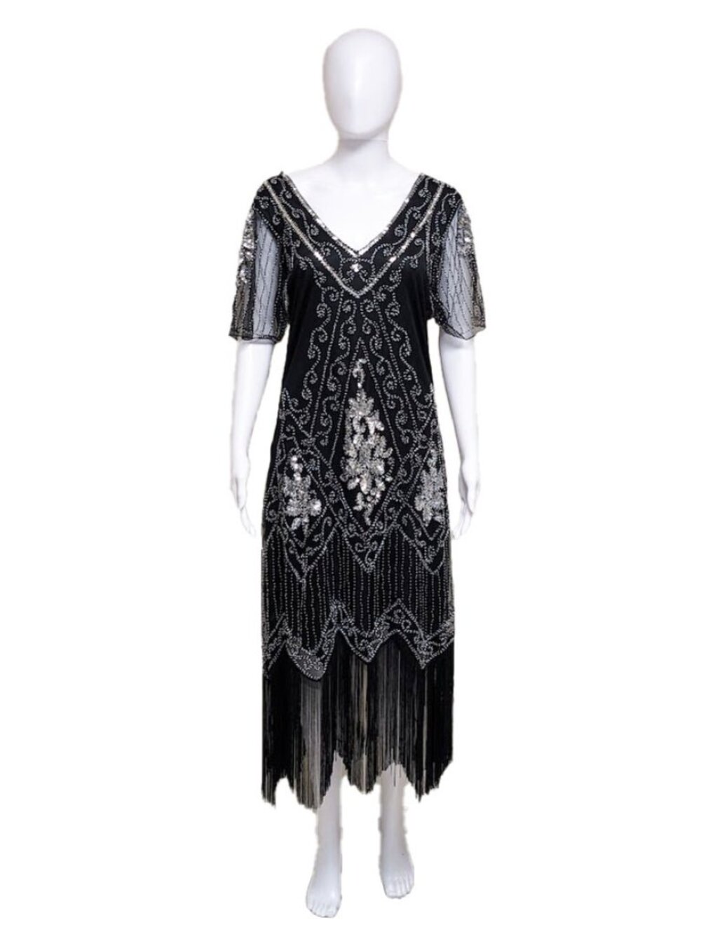 BABEYOND Black Flapper Fringe Dress with Silver Beading and Sequins
